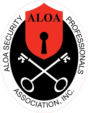 Logo of the ALOA Security Professionals Association, Inc., featuring a red shield with a keyhole symbol and the acronym 'ALOA' on top, over a black oval background with crossed keys.